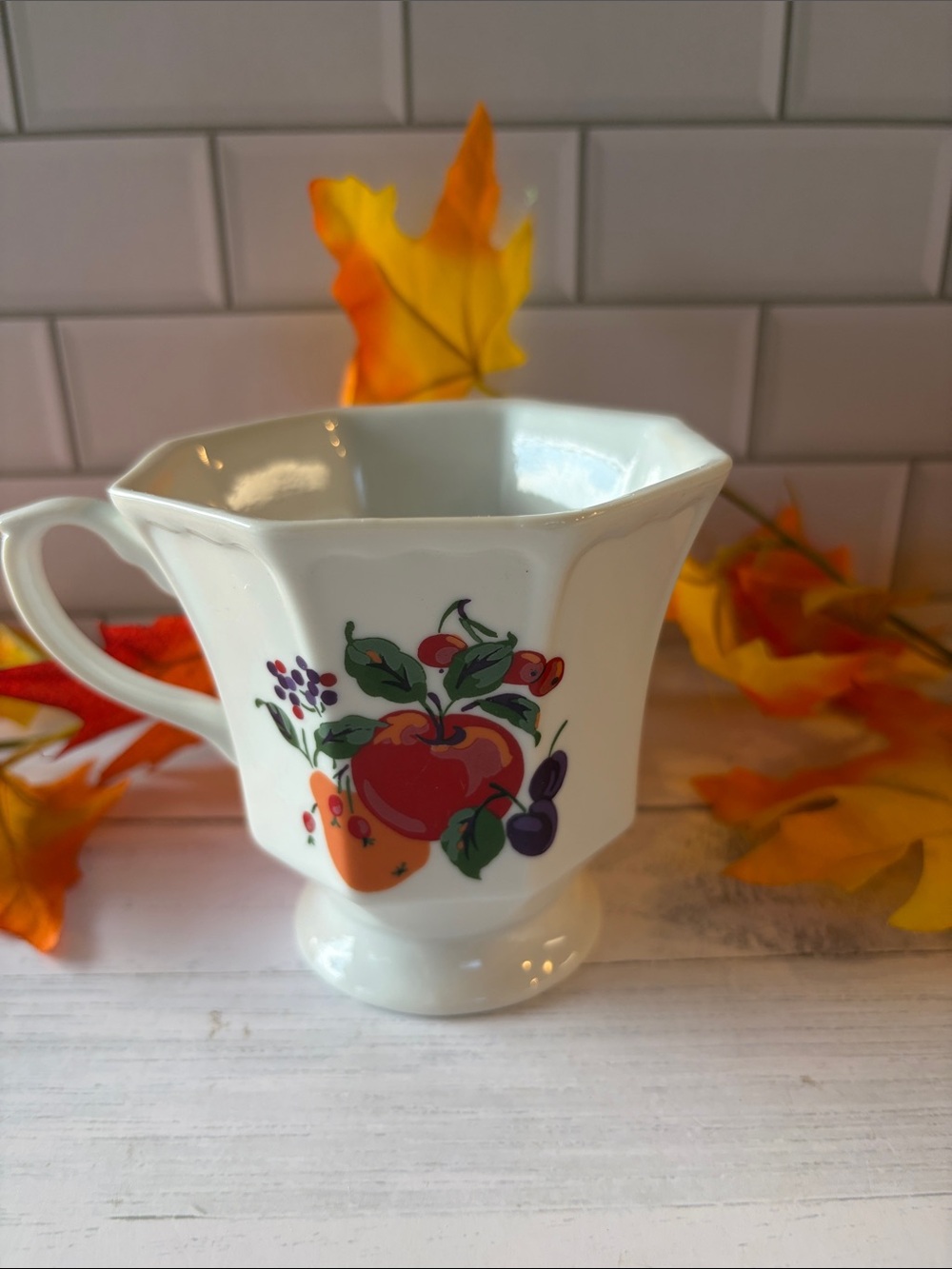 Hallmark White Ceramic Footed Mug with Autumn Fruit Design